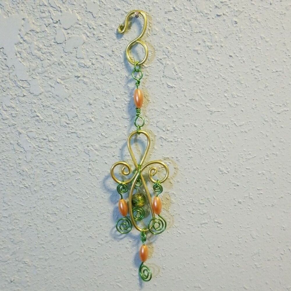 HANDMADE Green Beaded Cross Suncatcher, Twisted Wire Wrapped Beading
